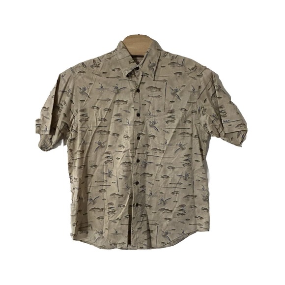 Woolrich Shirt Mens LGE Beige Fishing Print Short‎ Sleeve Button Down Outdoor - Picture 1 of 8